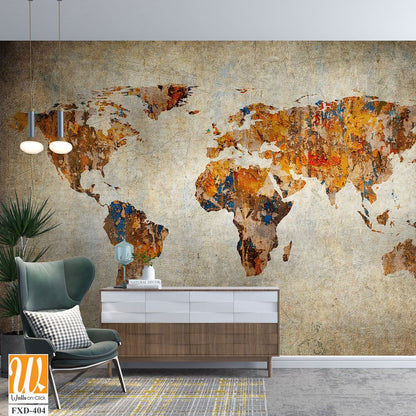 Rustic World Map, Vintage Style, Oil Painting Artwork Wallpaper [WP-FXD-404]