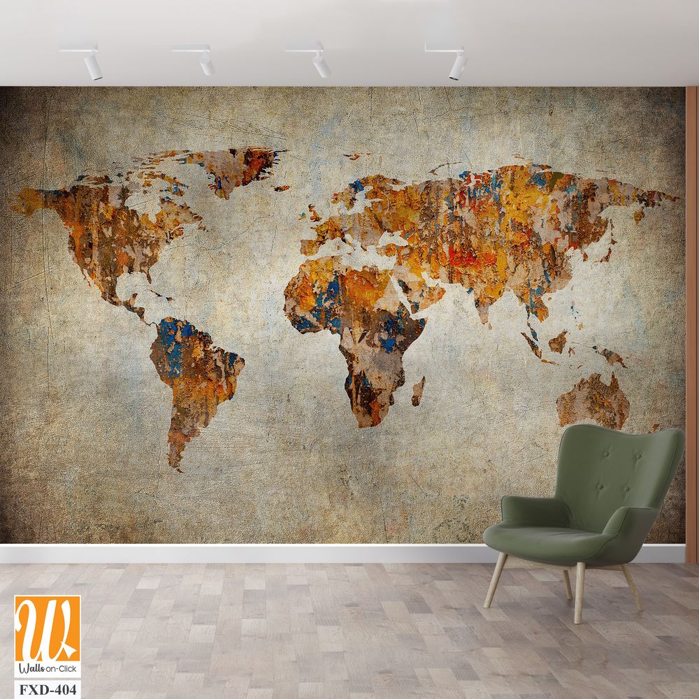 Rustic World Map, Vintage Style, Oil Painting Artwork Wallpaper [WP-FXD-404]