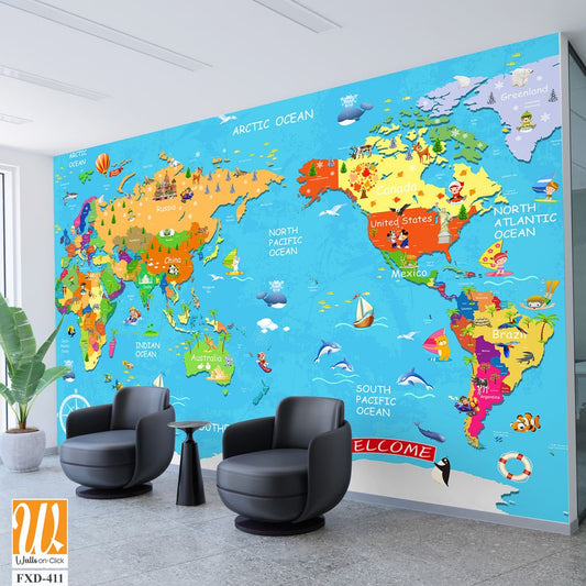 Colorful world map with cartoon animals and landmarks Wallpaper [WP-FXD-411]