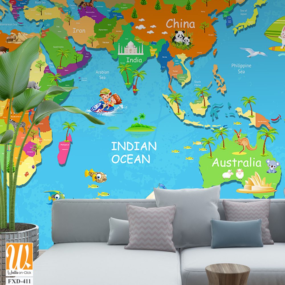 Colorful world map with cartoon animals and landmarks Wallpaper [WP-FXD-411]