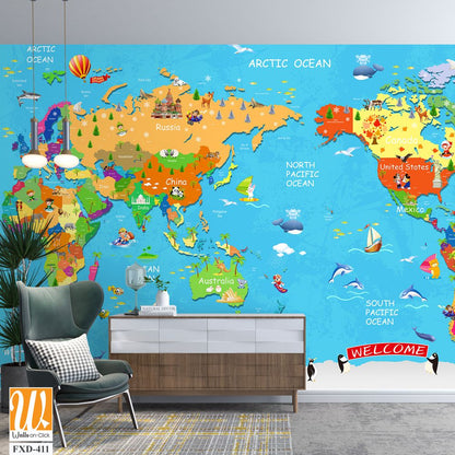 Colorful world map with cartoon animals and landmarks Wallpaper [WP-FXD-411]