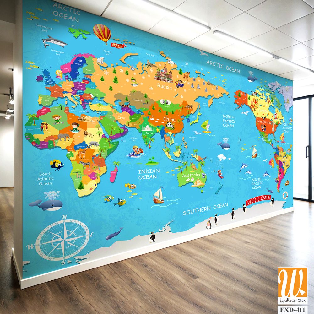 Colorful world map with cartoon animals and landmarks Wallpaper [WP-FXD-411]