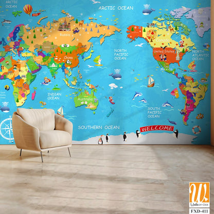 Colorful world map with cartoon animals and landmarks Wallpaper [WP-FXD-411]