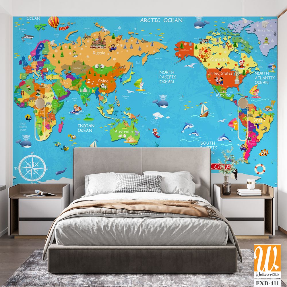 Colorful world map with cartoon animals and landmarks Wallpaper [WP-FXD-411]