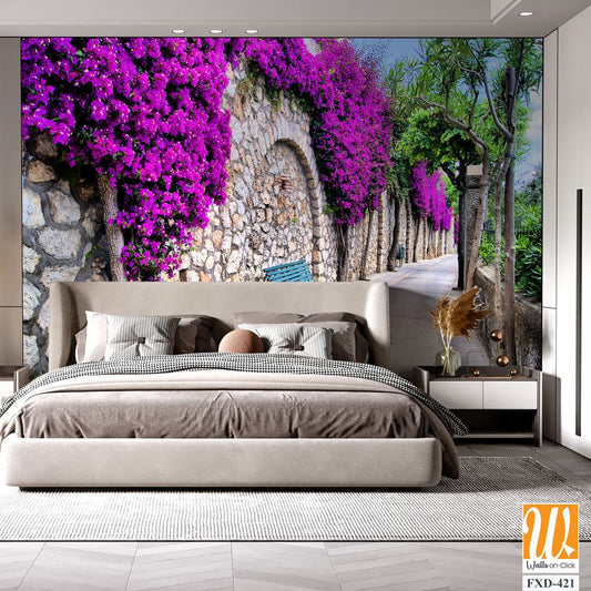 Wall with purple bougainvillea Wallpaper [WP-FXD-421]