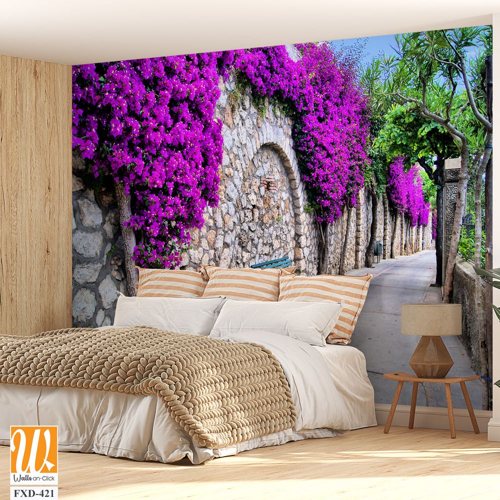 Wall with purple bougainvillea Wallpaper [WP-FXD-421]