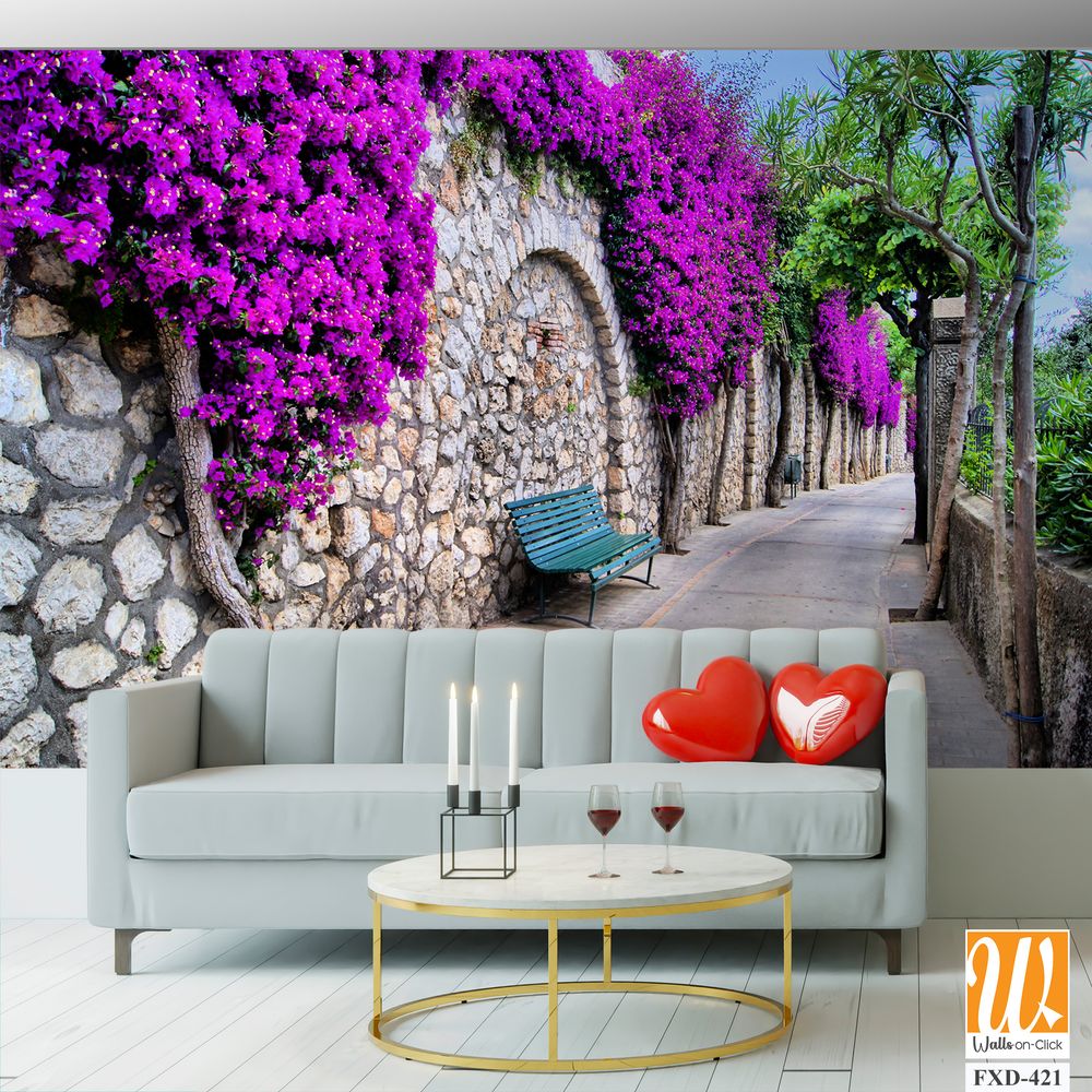 Wall with purple bougainvillea Wallpaper [WP-FXD-421]