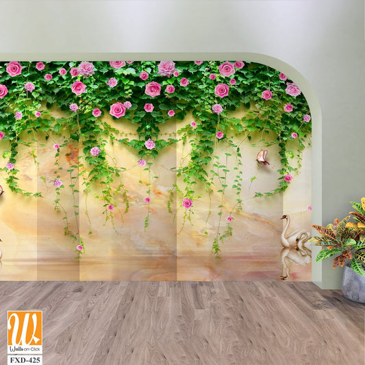 3D pink rose vines mural, wall mural Wallpaper [WP-FXD-425]