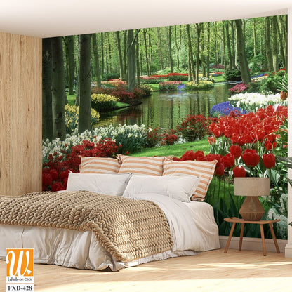 Lush, green forest of trees, surrounded by colorful tulips Wallpaper [WP-FXD-428]