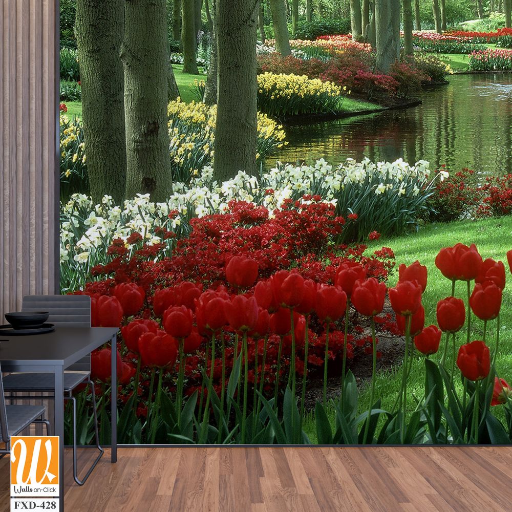 Lush, green forest of trees, surrounded by colorful tulips Wallpaper [WP-FXD-428]