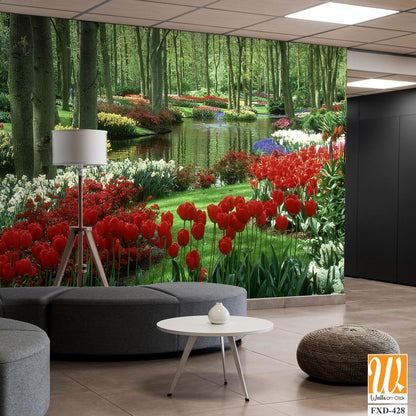 Lush, green forest of trees, surrounded by colorful tulips Wallpaper [WP-FXD-428]