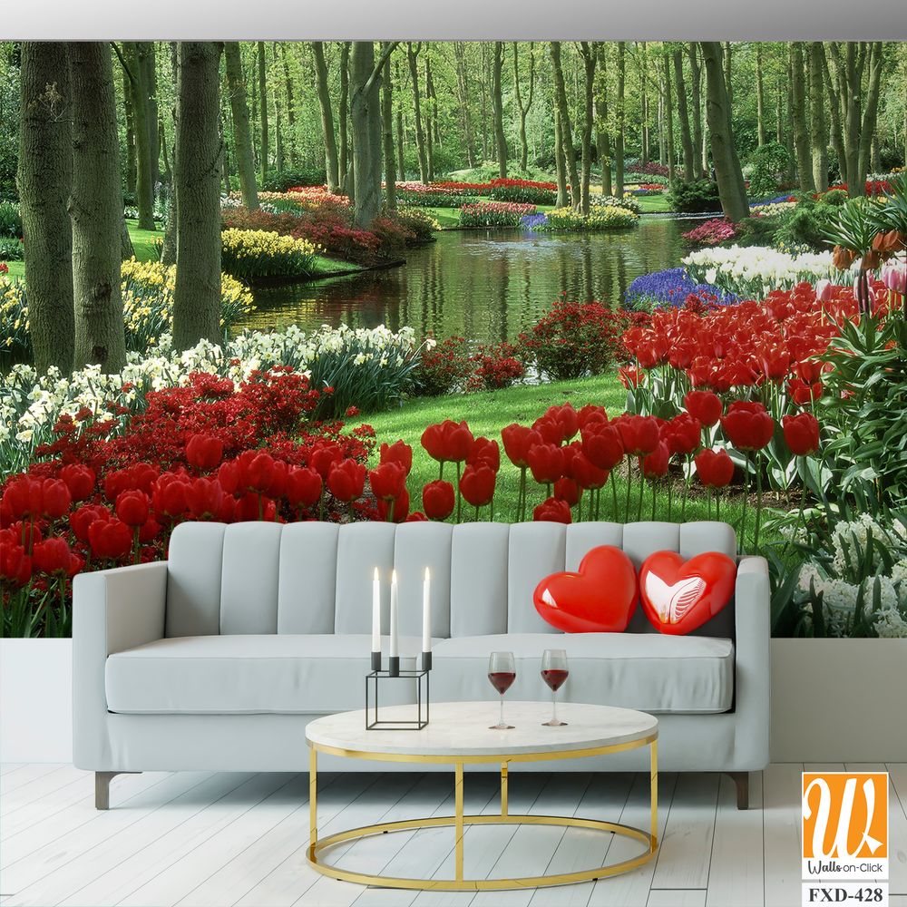 Lush, green forest of trees, surrounded by colorful tulips Wallpaper [WP-FXD-428]