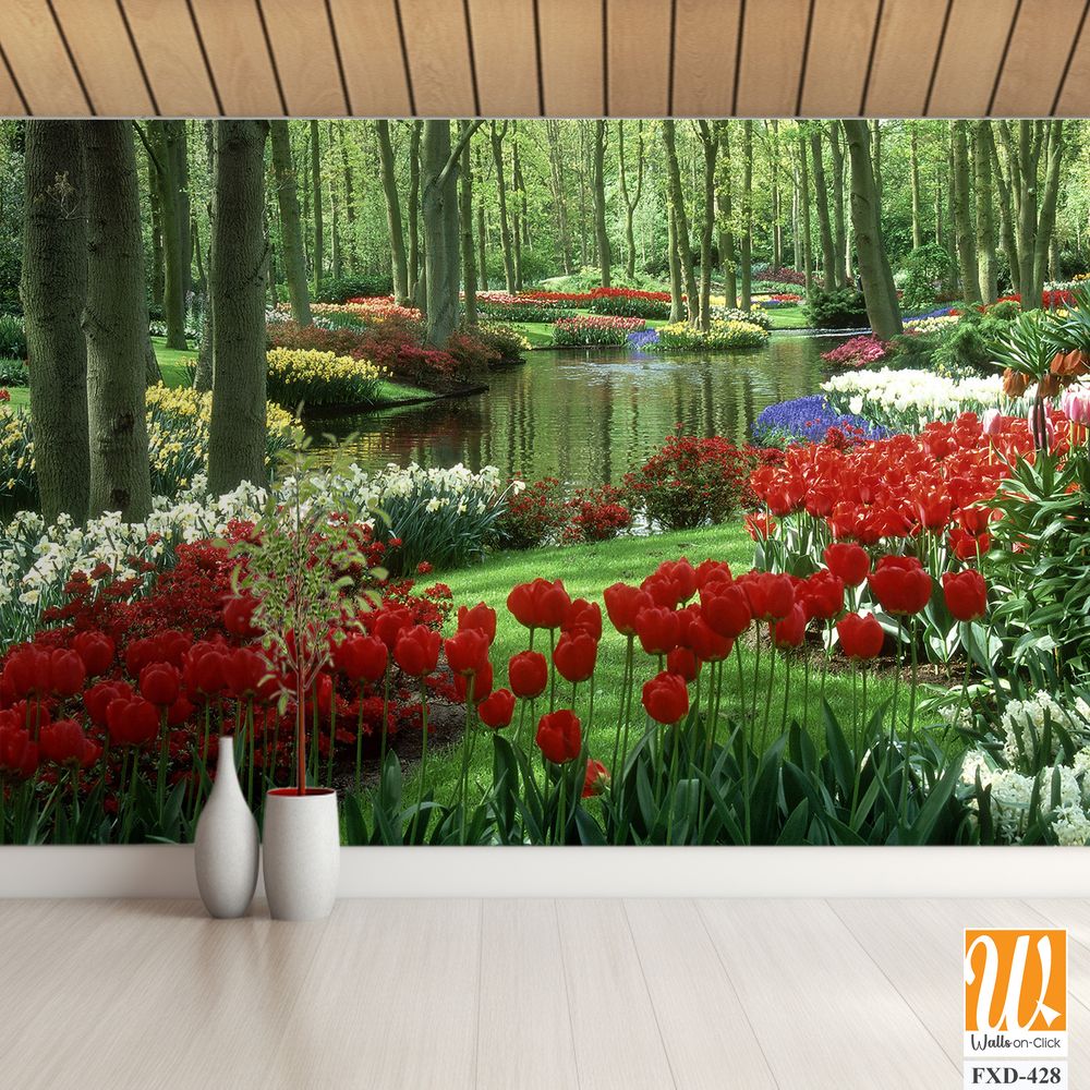 Lush, green forest of trees, surrounded by colorful tulips Wallpaper [WP-FXD-428]