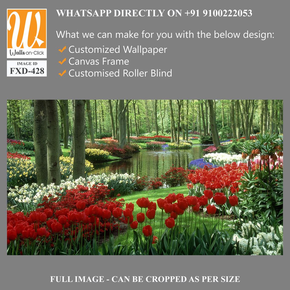 Lush, green forest of trees, surrounded by colorful tulips Wallpaper [WP-FXD-428]