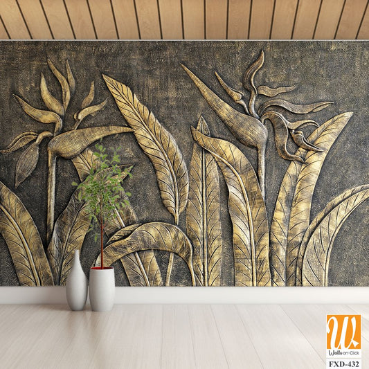 Rustic, carved wood wall art with bird of paradise plants [WP-FXD-432]