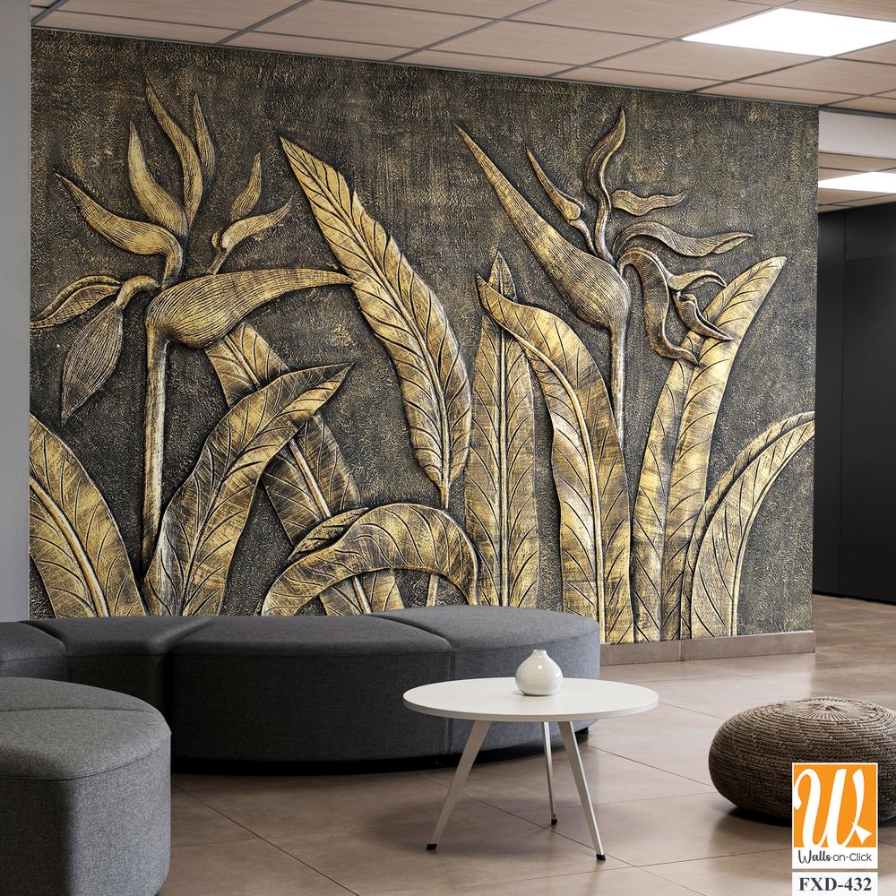 Rustic, carved wood wall art with bird of paradise plants [WP-FXD-432]