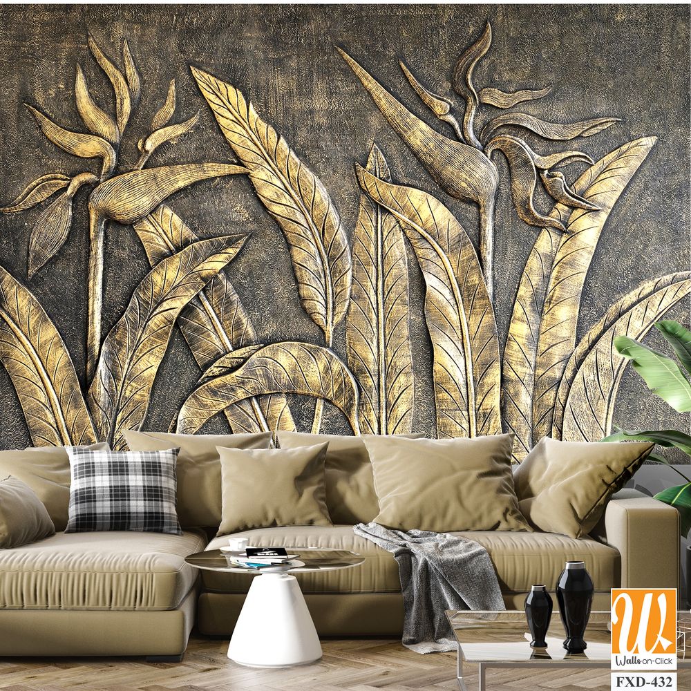 Rustic, carved wood wall art with bird of paradise plants [WP-FXD-432]