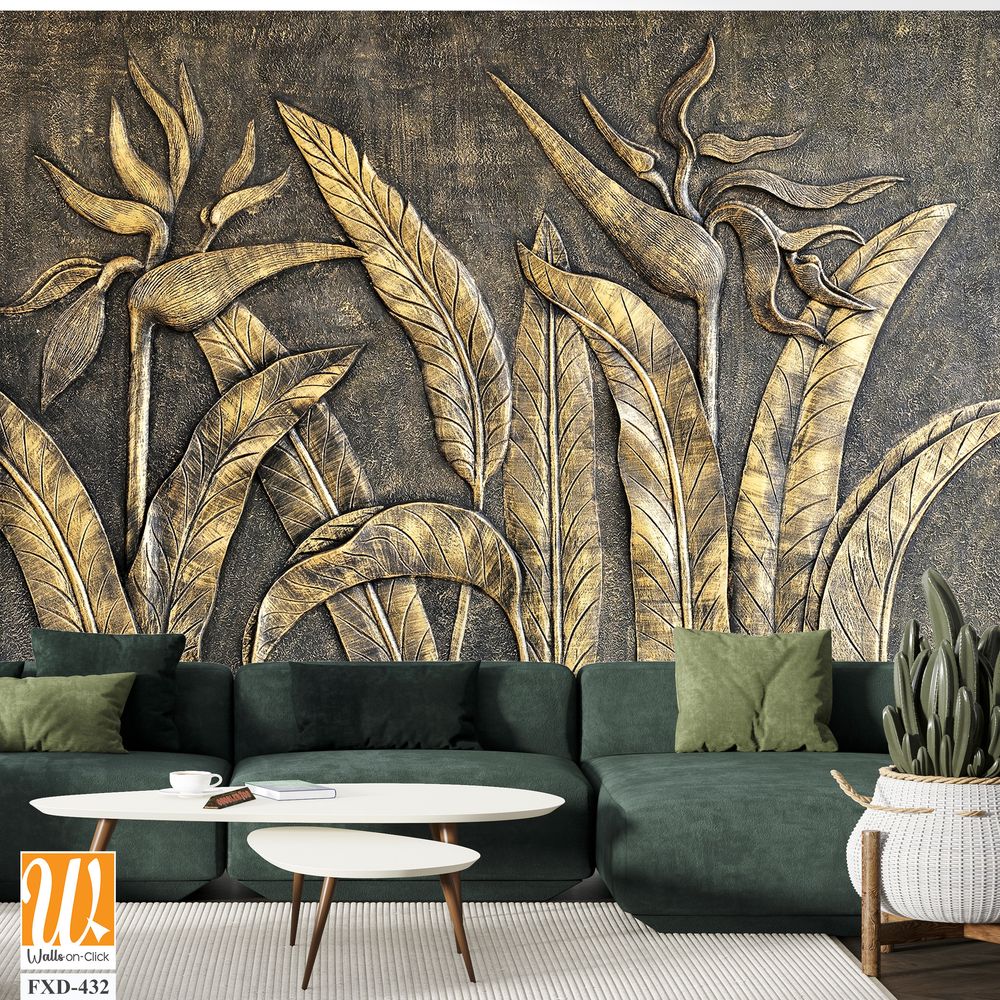 Rustic, carved wood wall art with bird of paradise plants [WP-FXD-432]