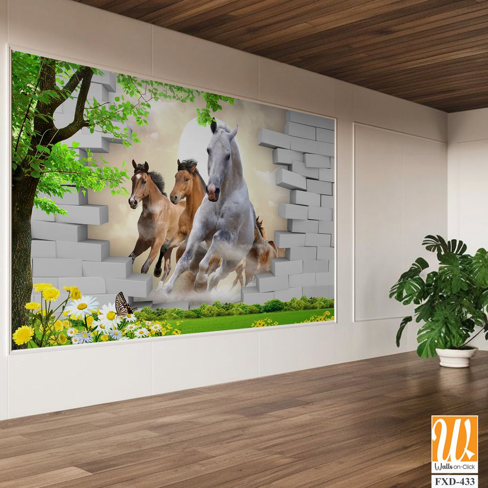 3D cute horses break through a wall Wallpaper [WP-FXD-433]