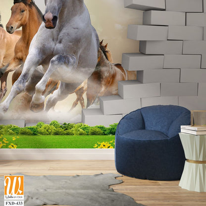 3D cute horses break through a wall Wallpaper [WP-FXD-433]