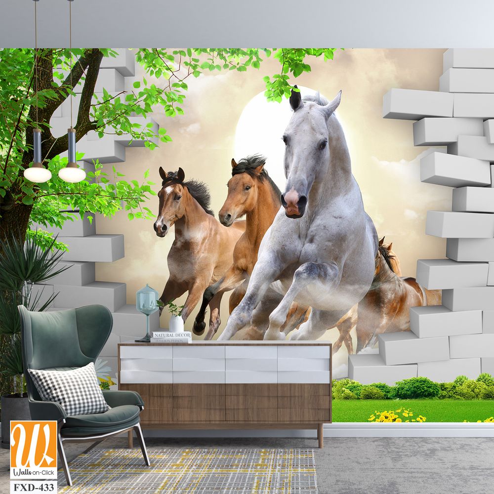 3D cute horses break through a wall Wallpaper [WP-FXD-433]