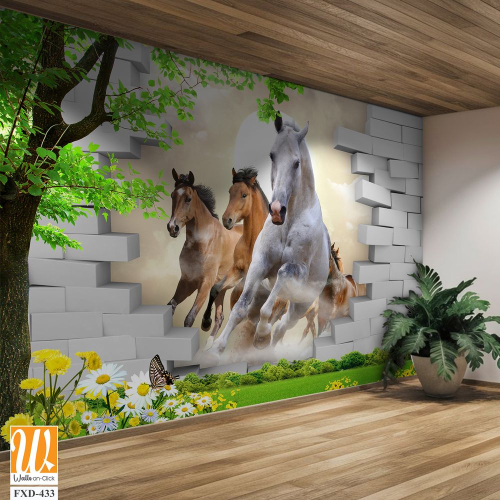 3D cute horses break through a wall Wallpaper [WP-FXD-433]