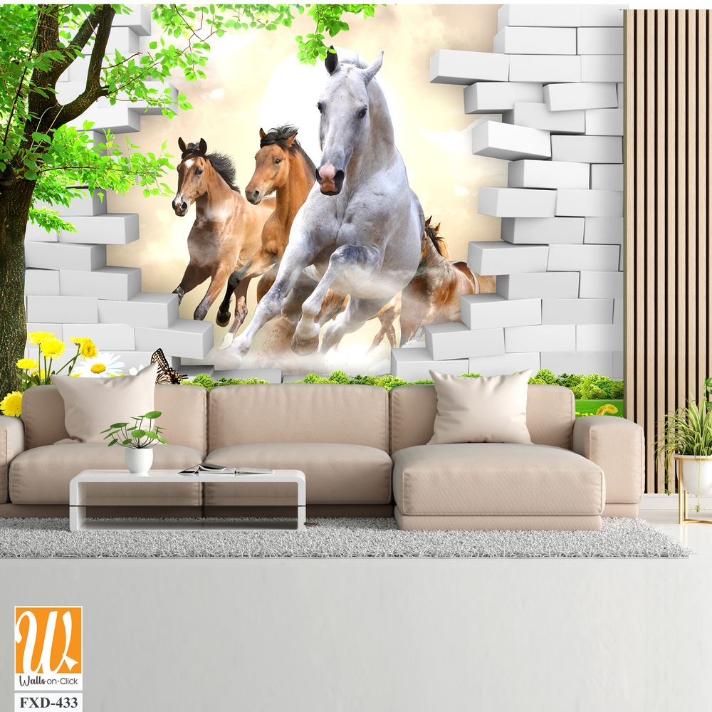 3D cute horses break through a wall Wallpaper [WP-FXD-433]