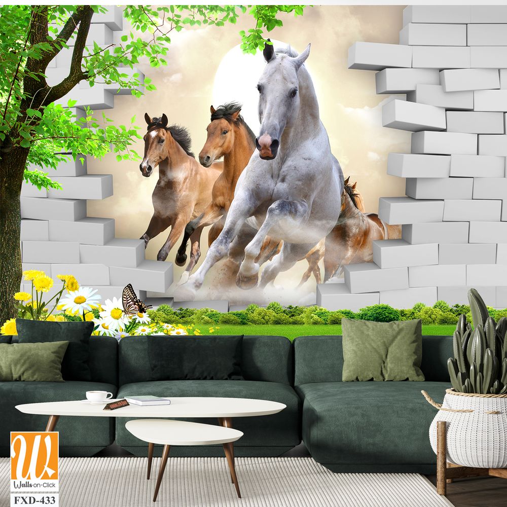 3D cute horses break through a wall Wallpaper [WP-FXD-433]