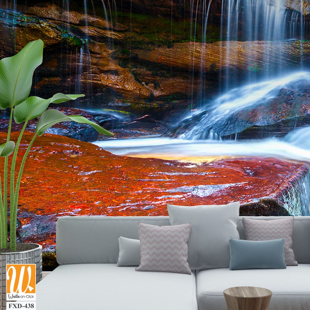 Stunning waterfall cascading down red rocks Wallpaper [WP-FXD-438]