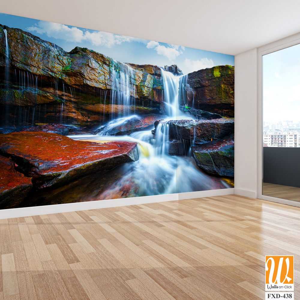 Stunning waterfall cascading down red rocks Wallpaper [WP-FXD-438]