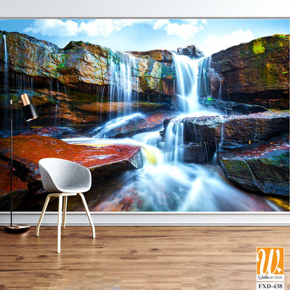 Stunning waterfall cascading down red rocks Wallpaper [WP-FXD-438]