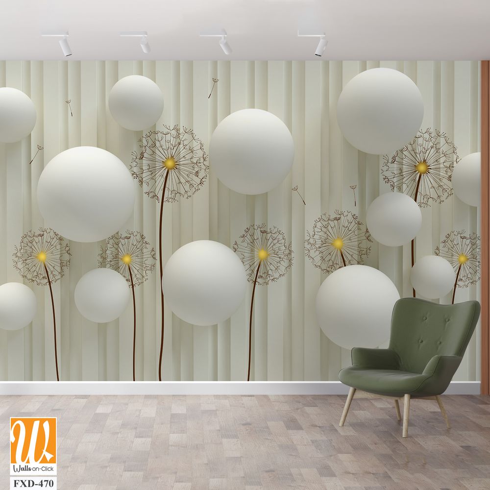 3D white spheres, dandelion-like shapes Wallpaper [WP-FXD-470]