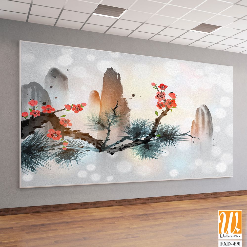 Delicate pine tree branch with red plum blossoms Wallpaper [WP-FXD-490]