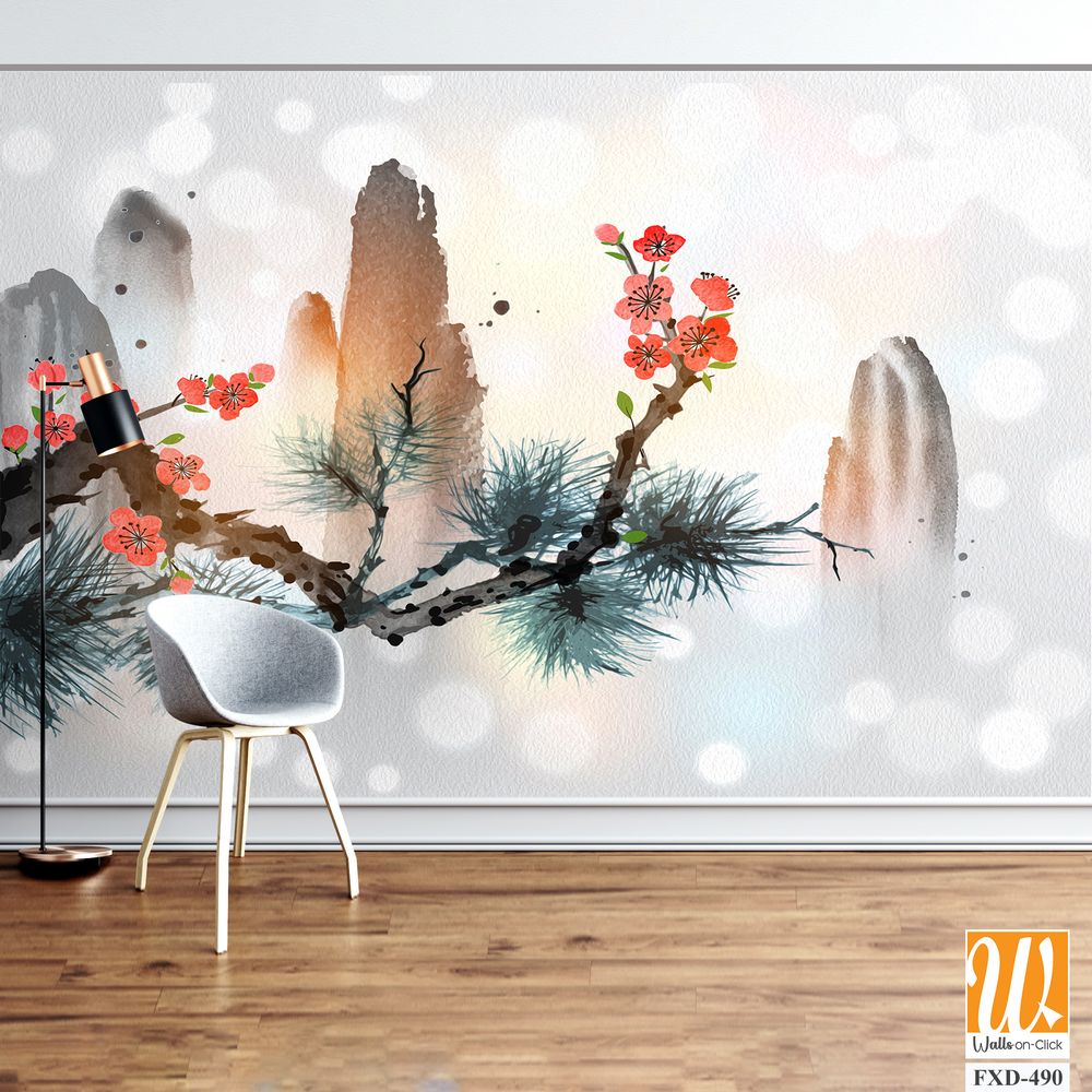 Delicate pine tree branch with red plum blossoms Wallpaper [WP-FXD-490]