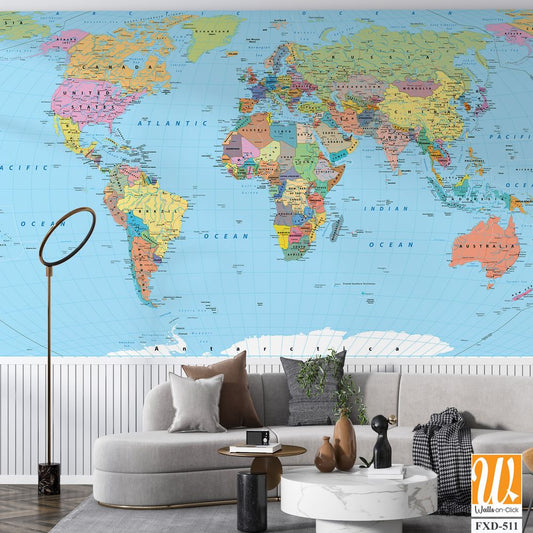 Detailed map of the world with colorful borders and city names Wallpaper [WP-FXD-511]