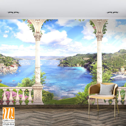 A beautiful view of the sea from an open balcony Wallpaper [WP-FXD-514]