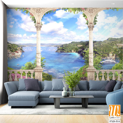 A beautiful view of the sea from an open balcony Wallpaper [WP-FXD-514]