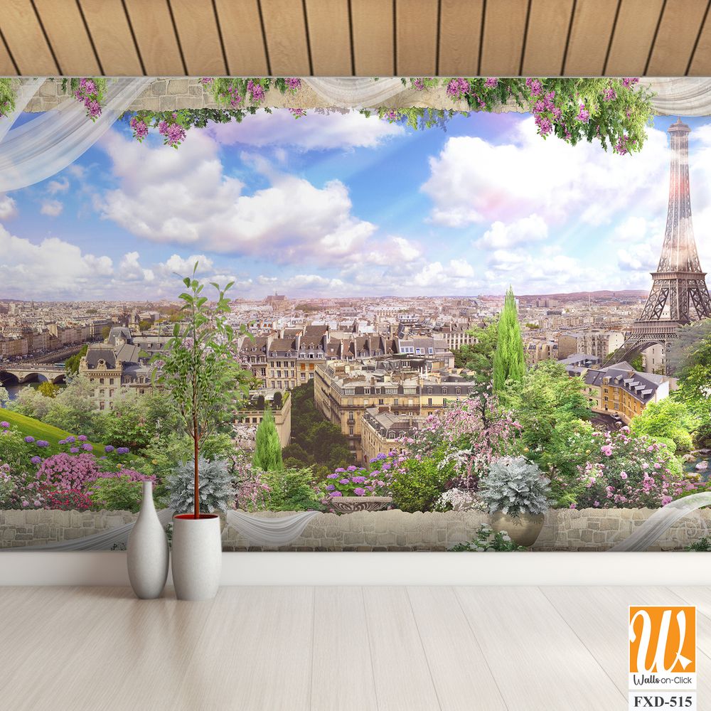 Panoramic view of Paris from the Eiffel Tower, surrounded by white drapes Wallpaper [WP-FXD-515]