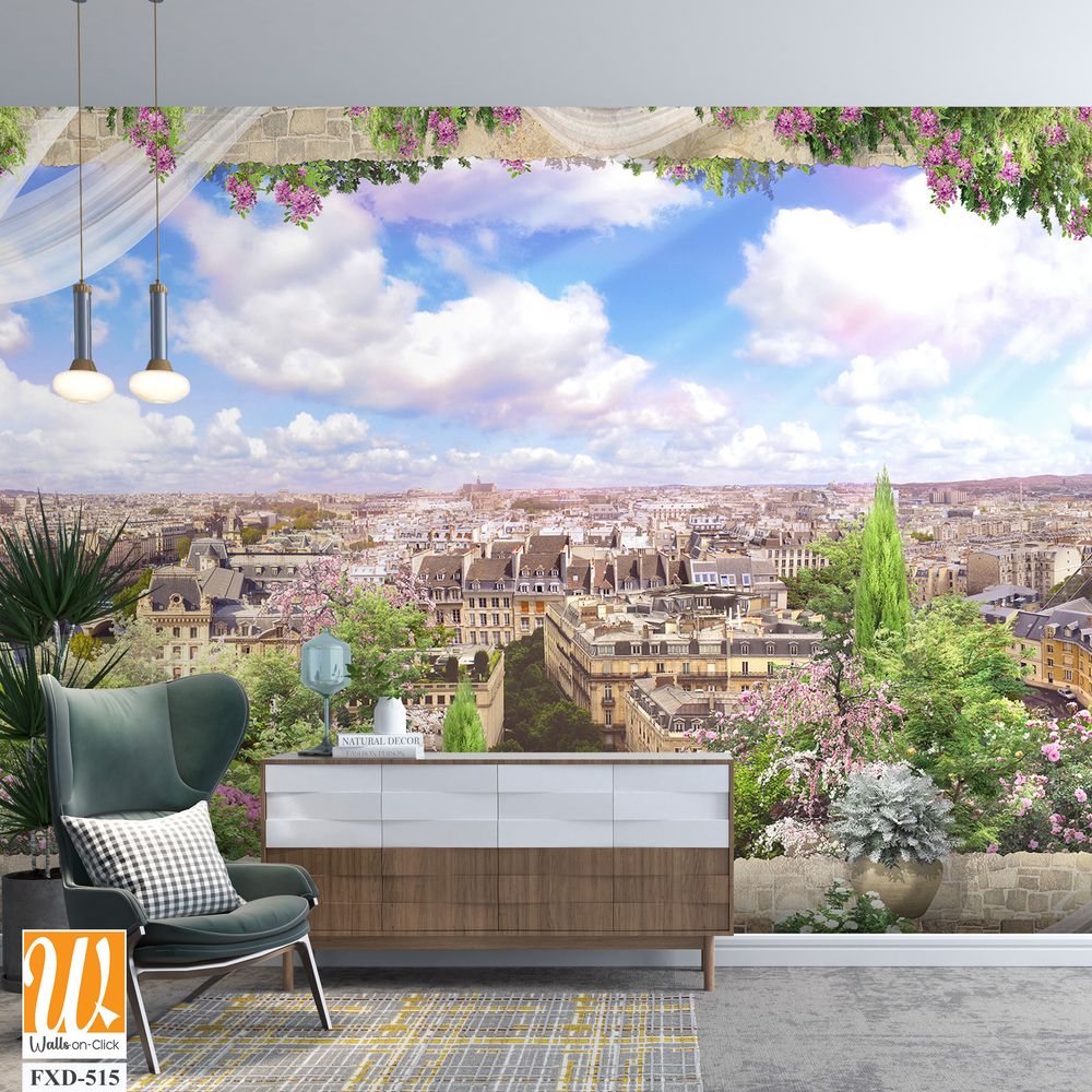 Panoramic view of Paris from the Eiffel Tower, surrounded by white drapes Wallpaper [WP-FXD-515]