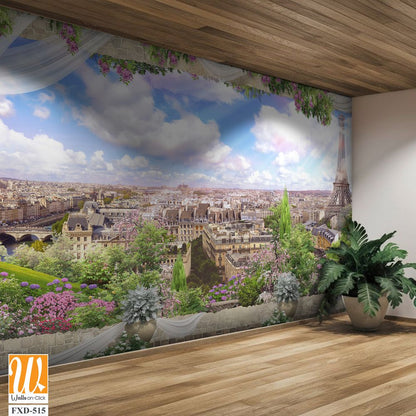 Panoramic view of Paris from the Eiffel Tower, surrounded by white drapes Wallpaper [WP-FXD-515]