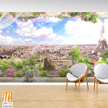 Panoramic view of Paris from the Eiffel Tower, surrounded by white drapes Wallpaper [WP-FXD-515]