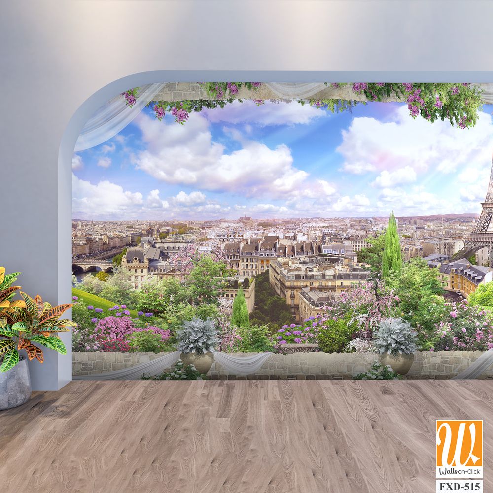 Panoramic view of Paris from the Eiffel Tower, surrounded by white drapes Wallpaper [WP-FXD-515]