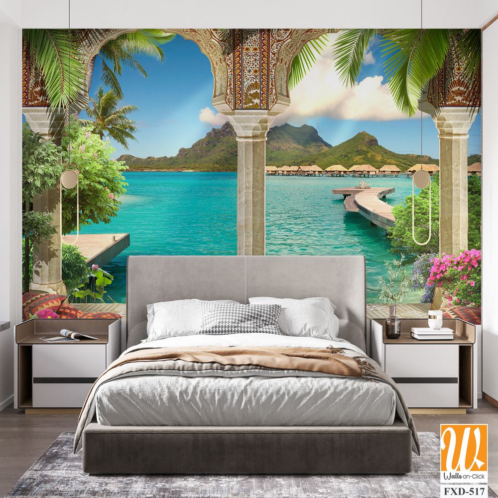 Mural depicting an exotic island with lush greenery Wallpaper [WP-FXD-517]