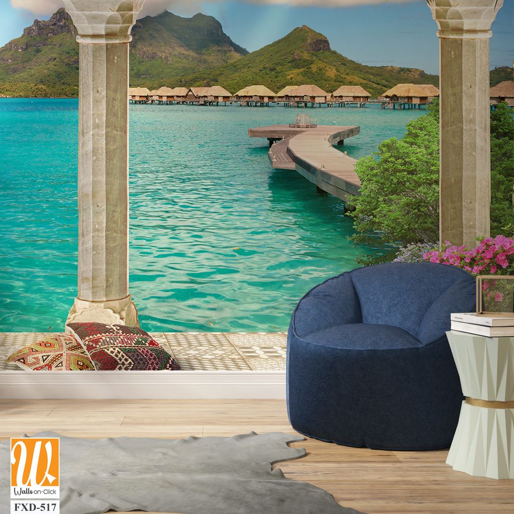 Mural depicting an exotic island with lush greenery Wallpaper [WP-FXD-517]