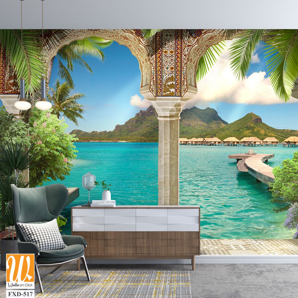 Mural depicting an exotic island with lush greenery Wallpaper [WP-FXD-517]