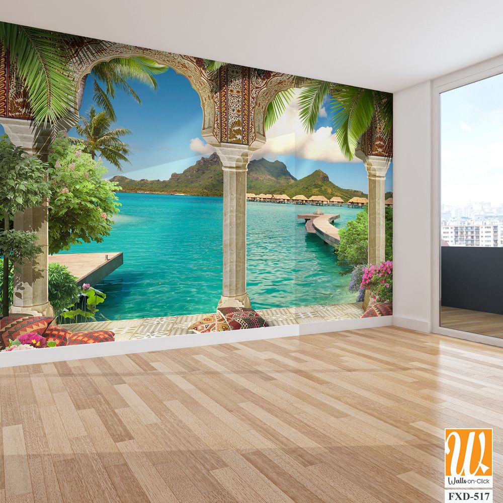 Mural depicting an exotic island with lush greenery Wallpaper [WP-FXD-517]