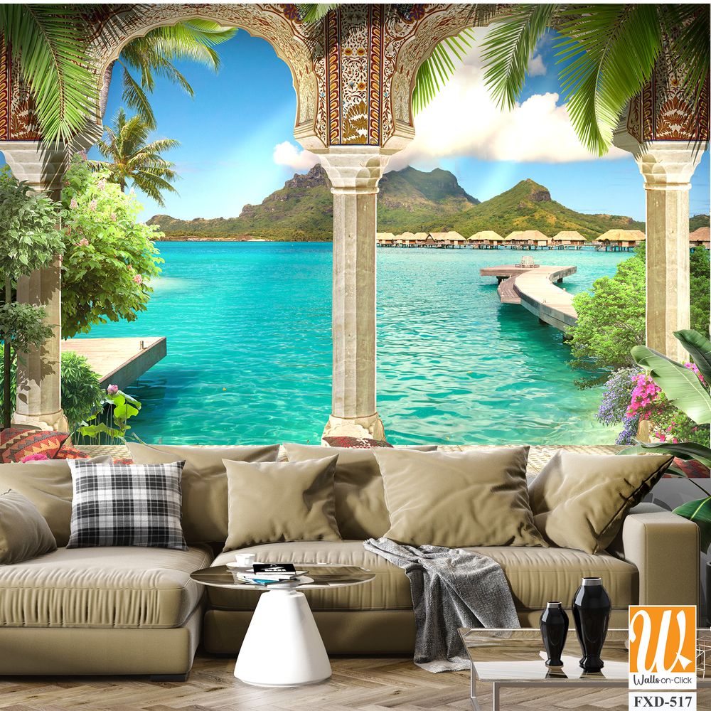 Mural depicting an exotic island with lush greenery Wallpaper [WP-FXD-517]