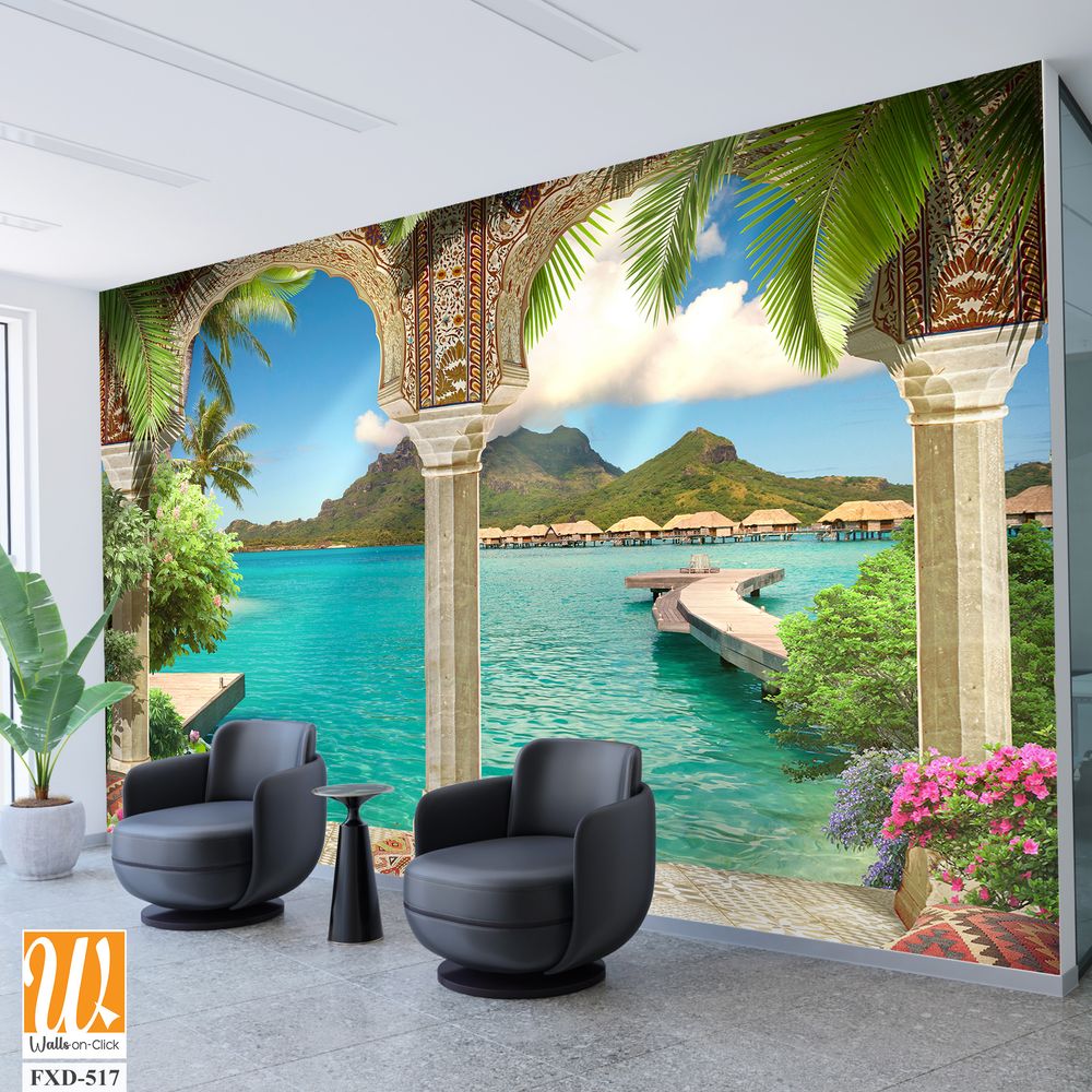 Mural depicting an exotic island with lush greenery Wallpaper [WP-FXD-517]