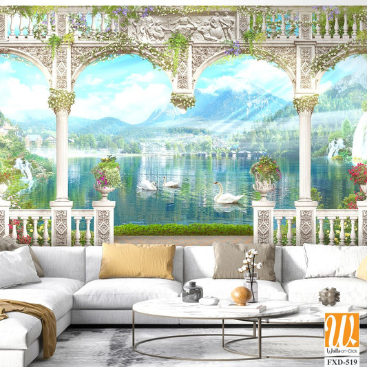 Beautiful lake with swans, white columns and arches Wallpaper [WP-FXD-519]