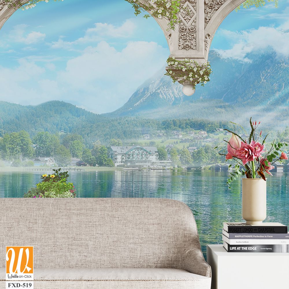 Beautiful lake with swans, white columns and arches Wallpaper [WP-FXD-519]